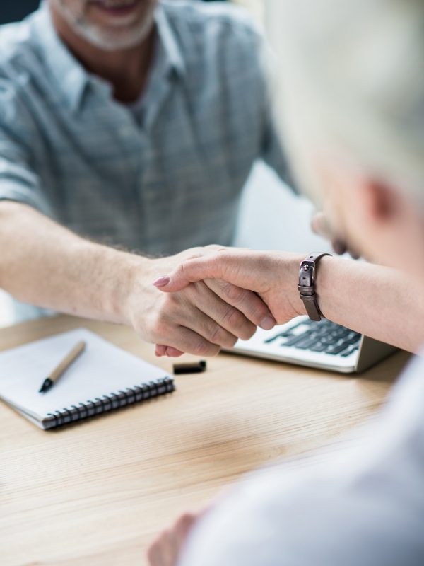 Business partners shaking hands at office