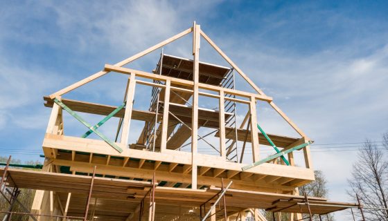 Framing of a new wooden house under construction