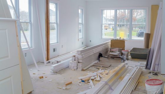 Interior construction of housing with drywall installed door for a new home before installing